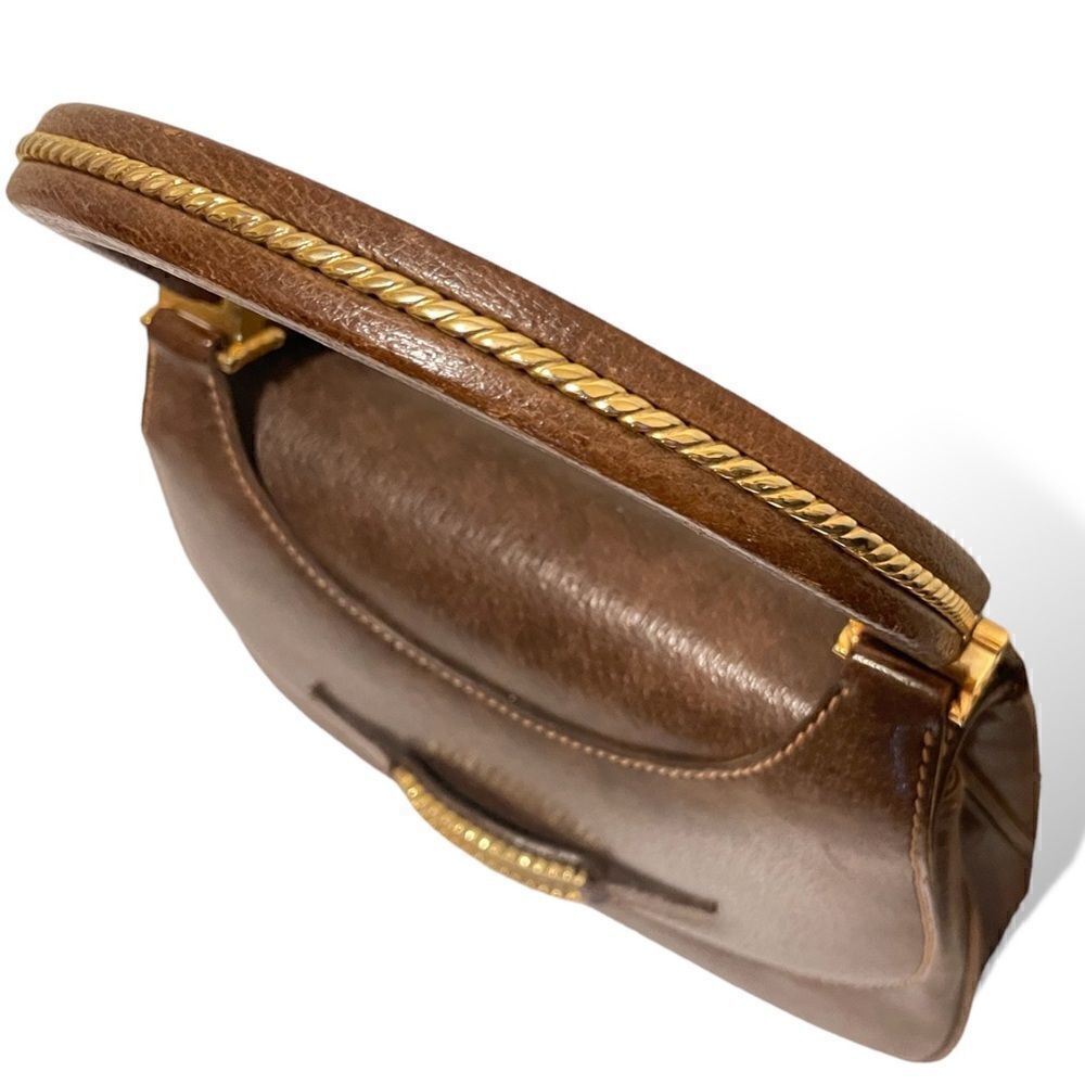 GUCCI Vintage Circa 60’s Brown Leather & Gold Braided Top Handle Purse - Picture 10 of 15